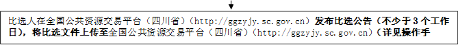 比選人在全國(guó)公共資源交易平臺(tái)（四川?。╤ttp://ggzyjy.sc.gov.cn）發(fā)布比選公告（不少于3個(gè)工作日），將比選文件上傳至全國(guó)公共資源交易平臺(tái)（四川?。╤ttp://ggzyjy.sc.gov.cn）（詳見(jiàn)操作手冊(cè)）。

